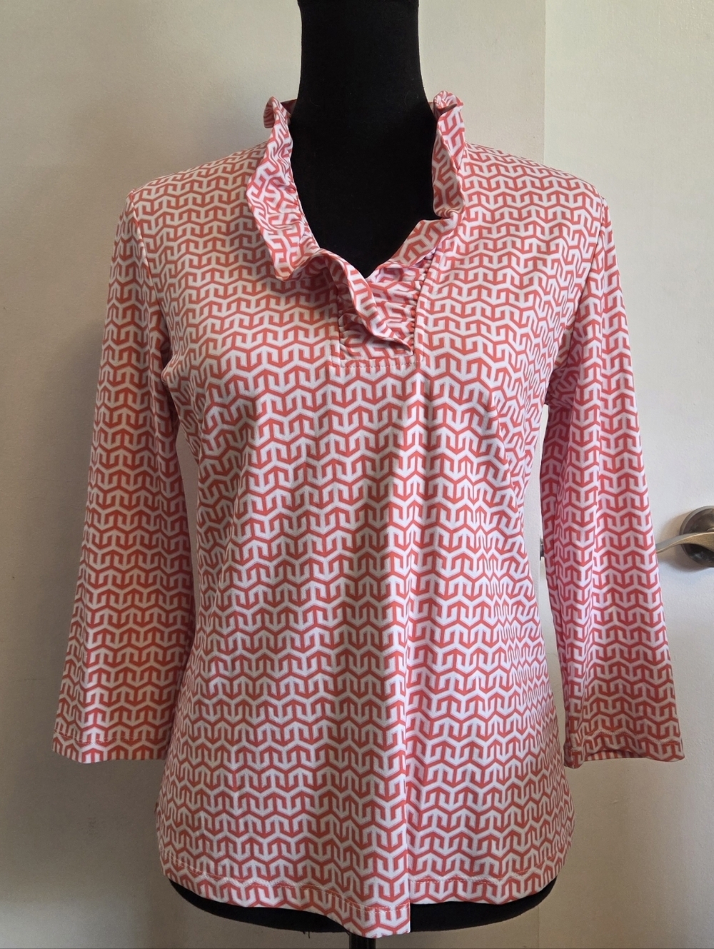J. McLaughlin Durhan Ruffle Catalina Cloth Coral White 3/4 Sleeve Top Medium - Picture 2 of 6